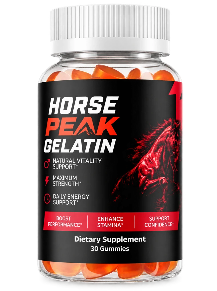 Horse Peak Gelatin dietary supplement bottle with orange gummies